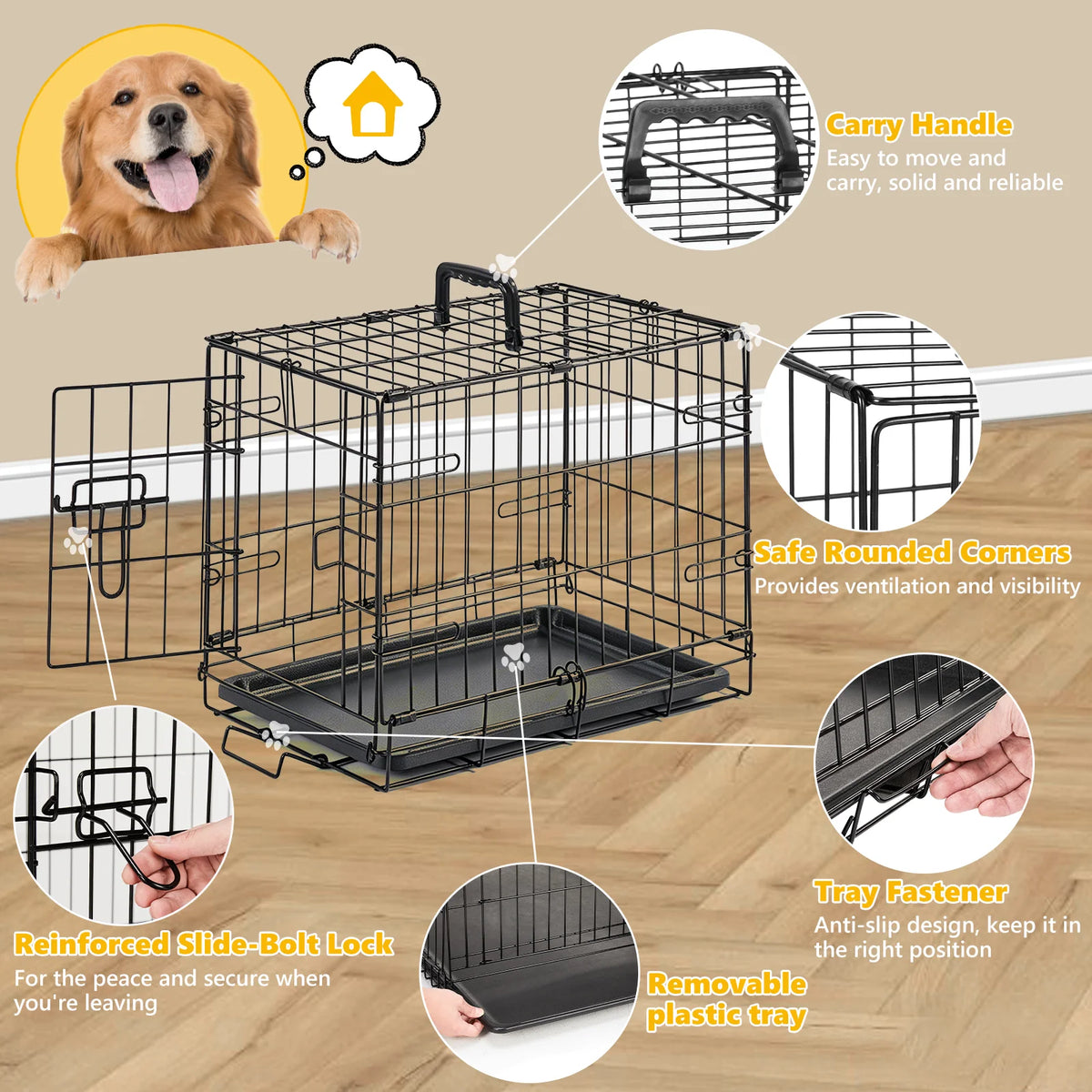 JHK Metal Dog Crate With Secure Lock Single Door Tray