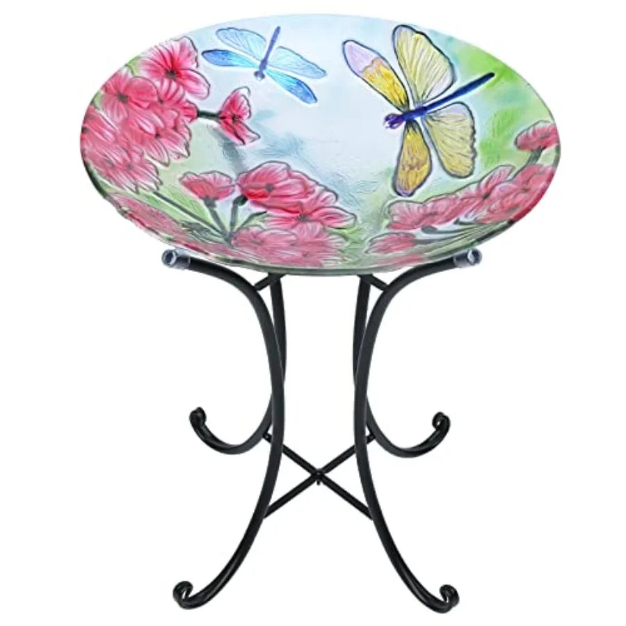 MUMTOP Bird Bath-Bird Baths for Outdoors - Dragonfly Large Bird Bath Bowl with Metal Stand, Glass BirdBaths for Garden Lawn Yar