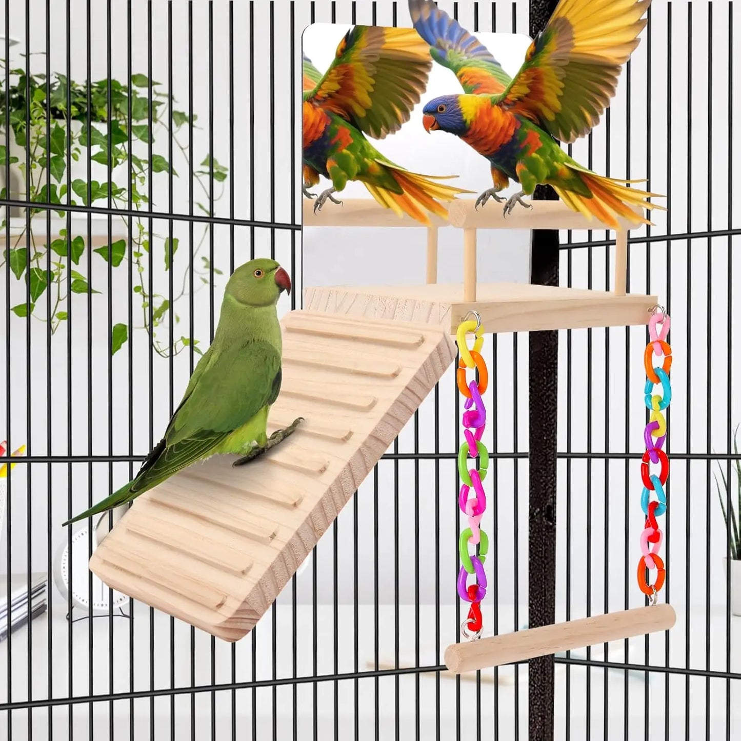 Wooden Bird Play Gym with Mirror Swing Perch for Parakeets Cockatiels Lovebirds Budgies Finch Canaries - Cage Accessories