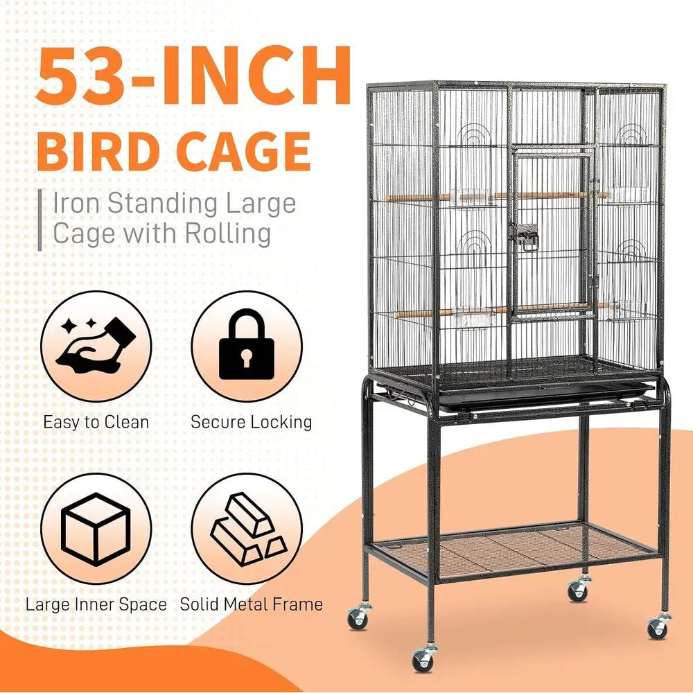 53-inch Durable Wrought Iron ParaCage with Slide Out Tray, Suitable for Small/Medium Birds (Black, 53 inch)