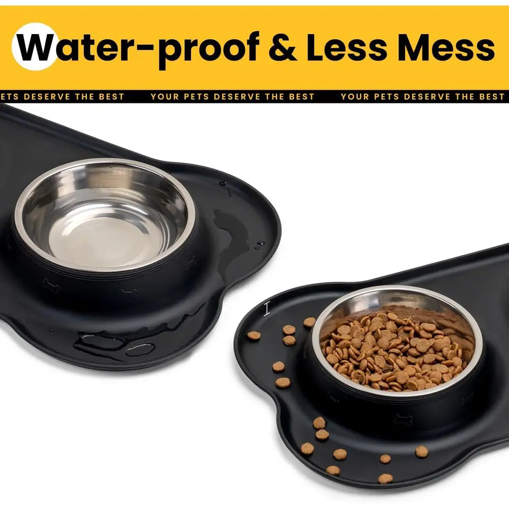 Dog Bowls with Silicone Feeding Mat, No Spill Food Water Dish Set, Dishwasher Safe, 2 Stainless Steel Puppy Bowls, Suitable for