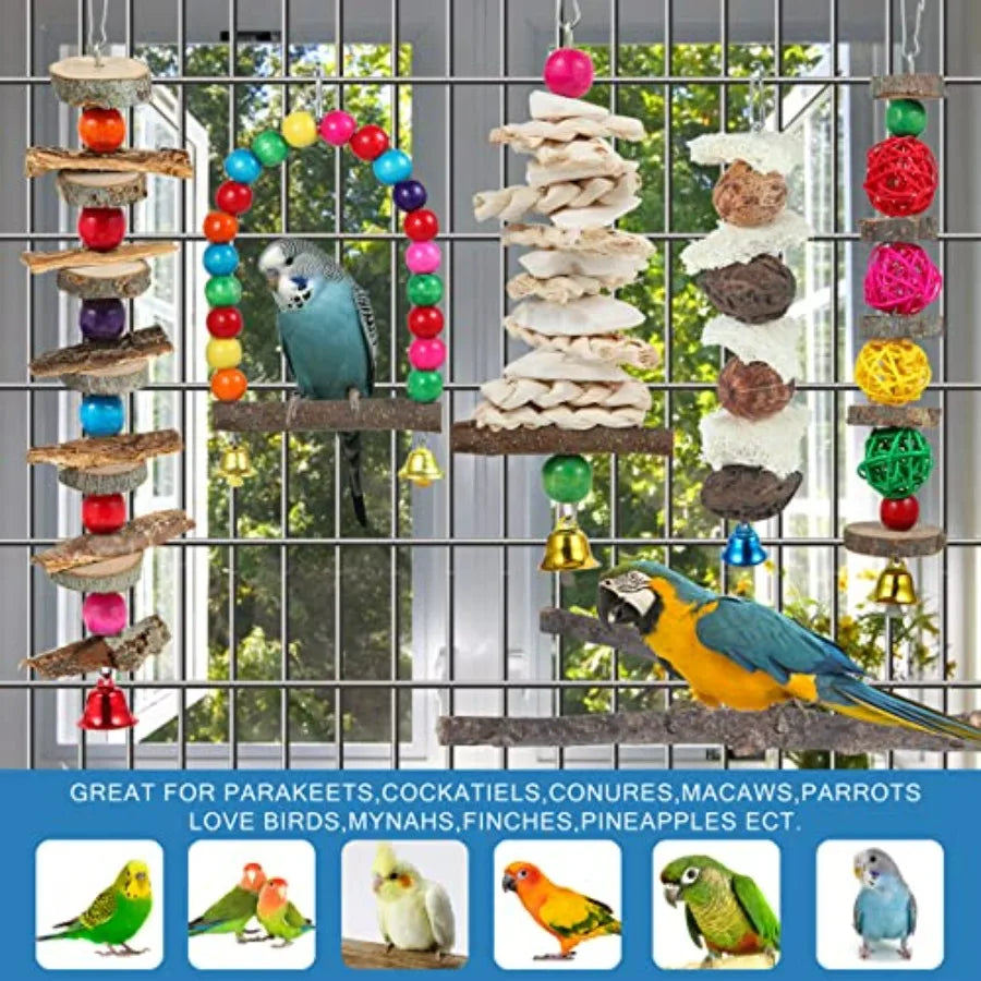 Bird Perch Bird Toys Parakeet Toys, Bird Cage Accessories Wooden Chew Toys Perch Stand for Parrot Conure Cockatiel Lovebird Par