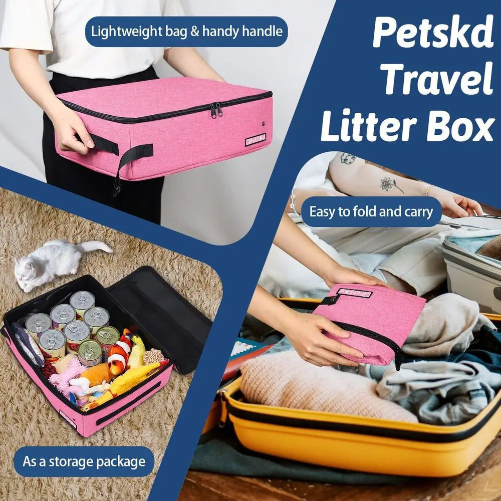 Portable Cat Travel Litter Box with Lid and 10 Disposable Liner Bags, Leak-Proof and Collapsible, Ideal for Car, Hotel, Airplane