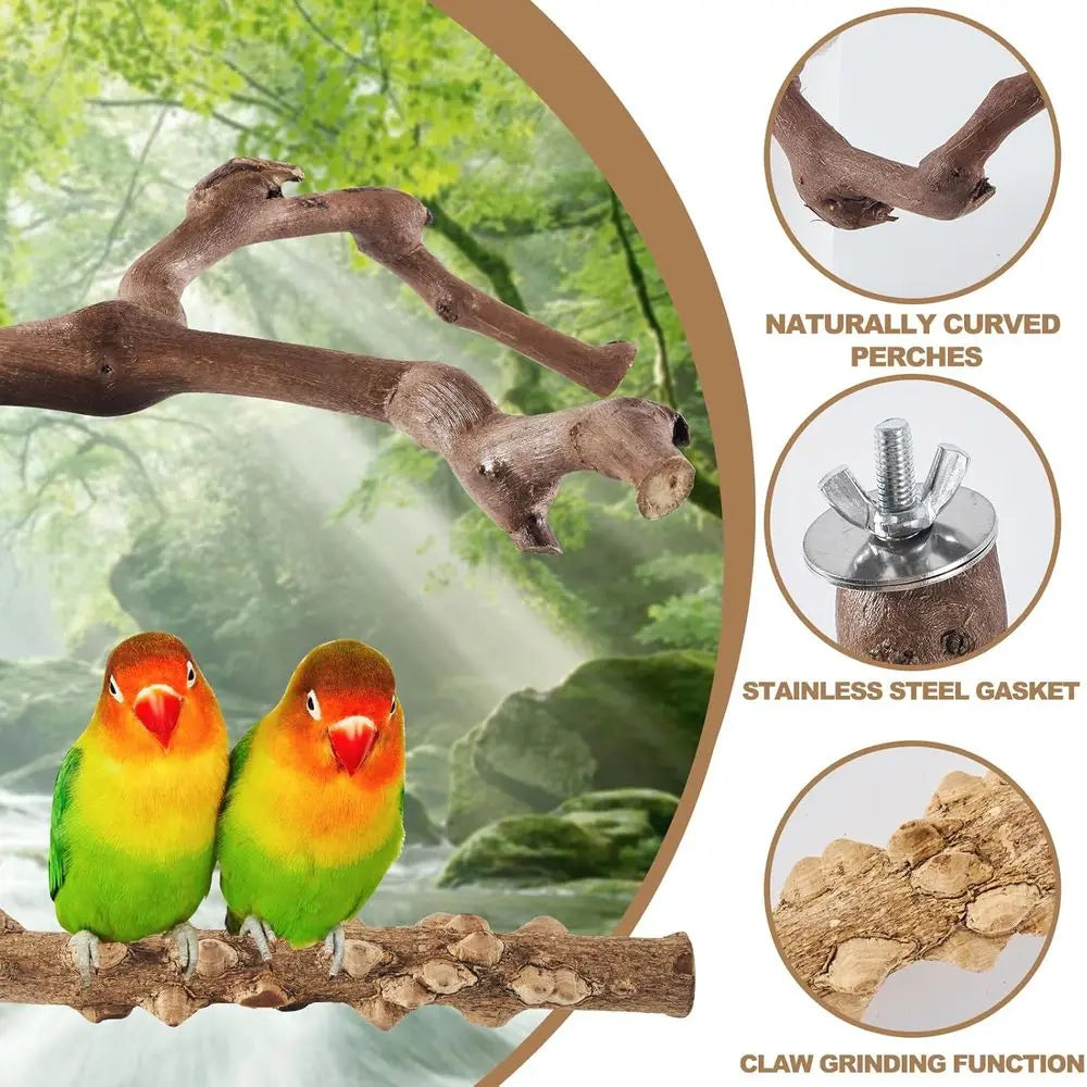 Natural Wood Bird Perch Set With Grape Sticks For Parakeets