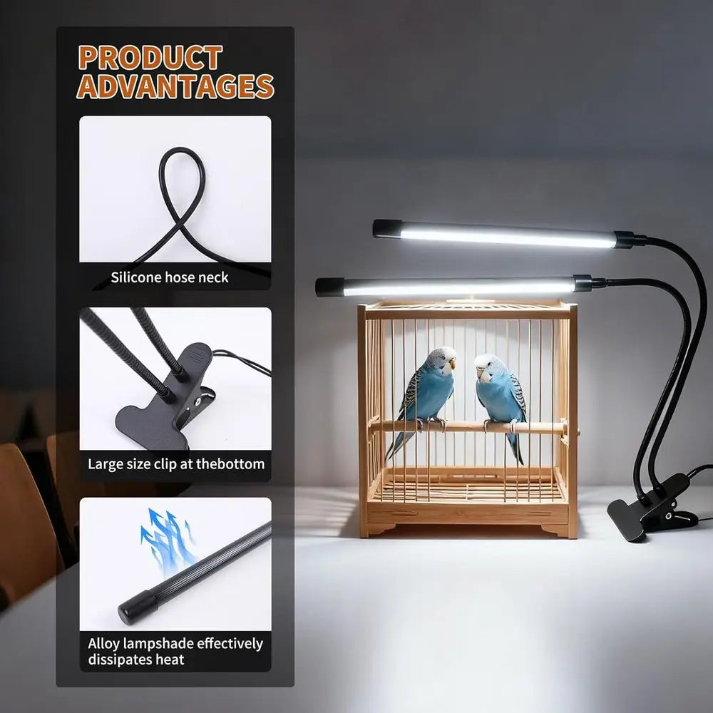 Cage Light with Timer 10 Dimming Levels, 60 LED Beads, Simulate Sunlight or Parrots & Pet Birds