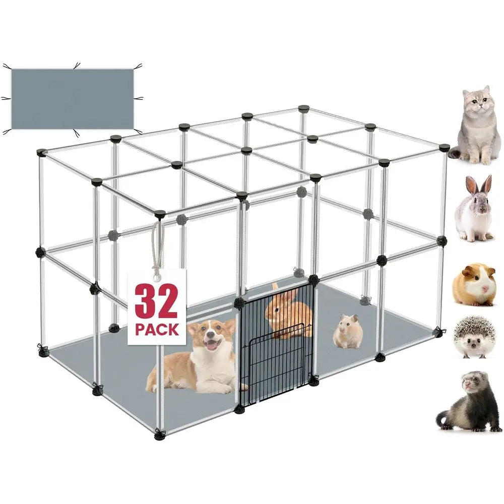 Compact 32-Panel Animal Playpen, 48 x 32 x 24 Clear Enclosure with Waterproof Mat, Ideal for Pets Indoor Use