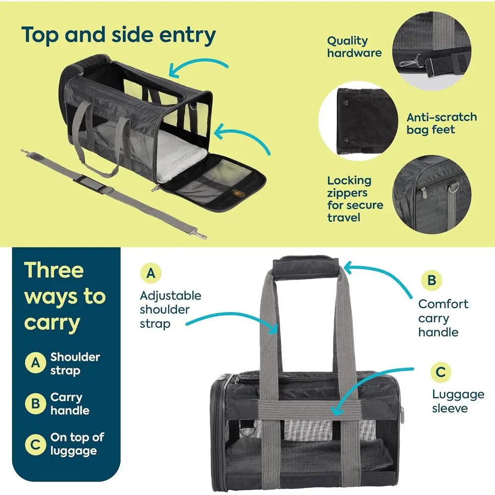 Pet Carrier Airline Approved with Spring Wire Frame - Cat & Dog Carrier for In-Cabin Travel, Mesh Ventilation, Locking Zippers -