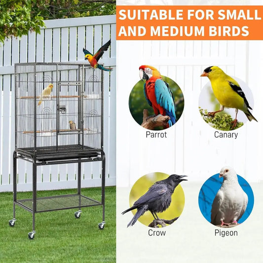53-inch Durable Wrought Iron ParaCage with Slide Out Tray, Suitable for Small/Medium Birds (Black, 53 inch)