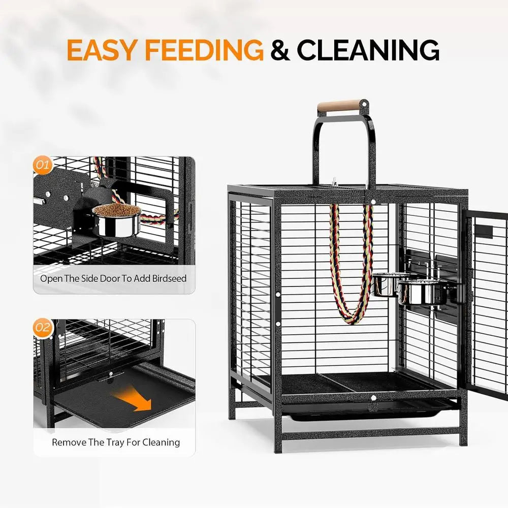 19 inch Travel Carrier Bird Cage with Handle, Wrought Iron ParaCage, Wooden Perch for Small/Medium Birds (Hammertone Black)