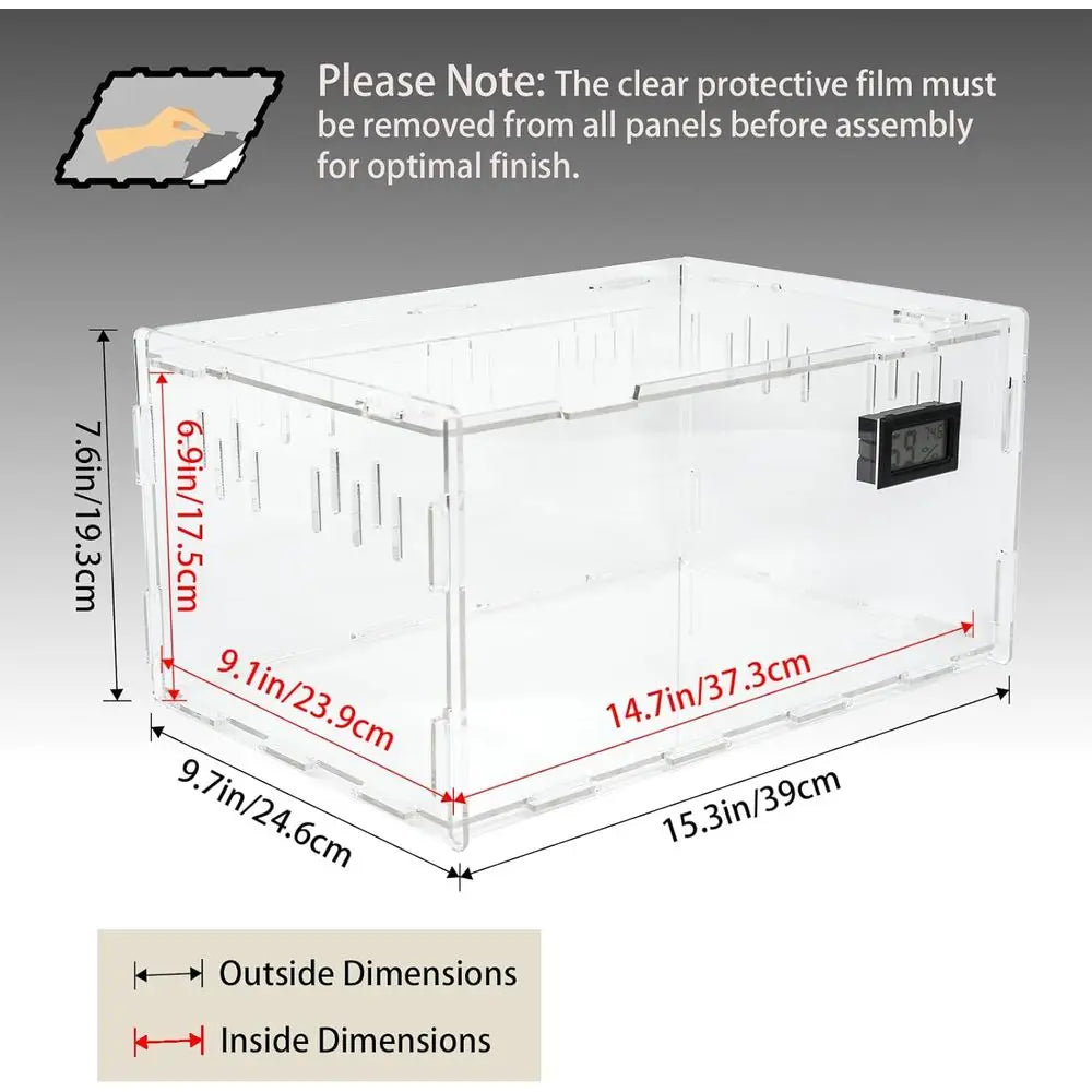 Acrylic Terrarium Tank for Reptile Breeding with Temperature and Humidity Gauge (15.3x9.7x7.6)