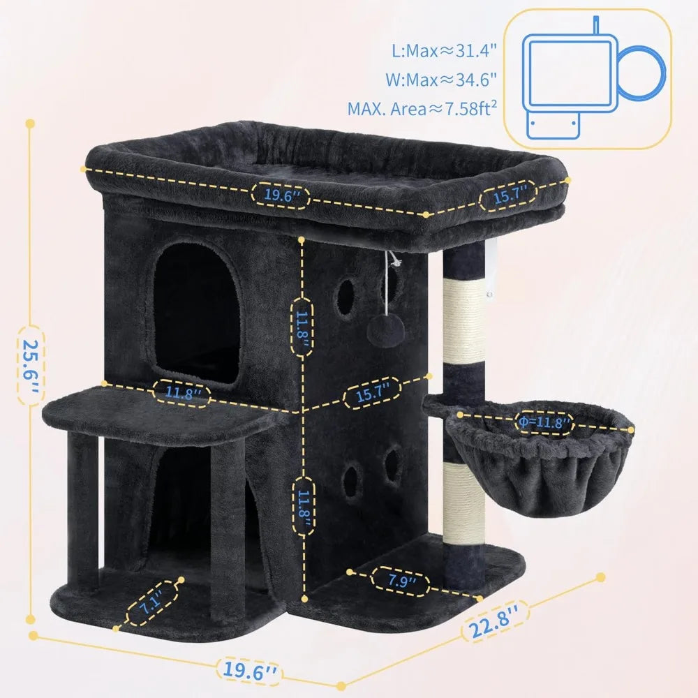 25.6 inch tall cat tower with large perch dual condos sisal posts cozy basket and dangling toy for big cats