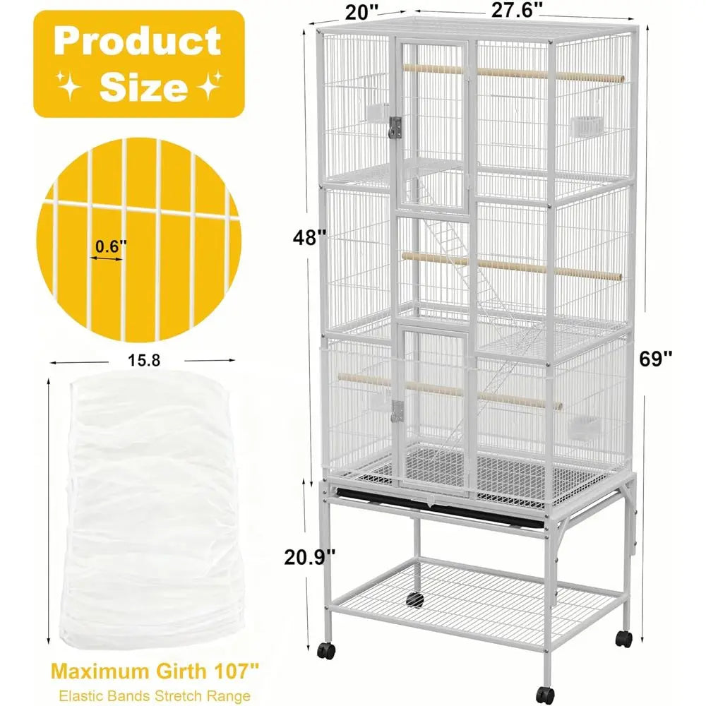 69 inches Bird Cage with Dust Cover, Birdcages with Rolling Wheels, Large Bird Cages or Cockatiels Conure ParaLovebird inch Cana