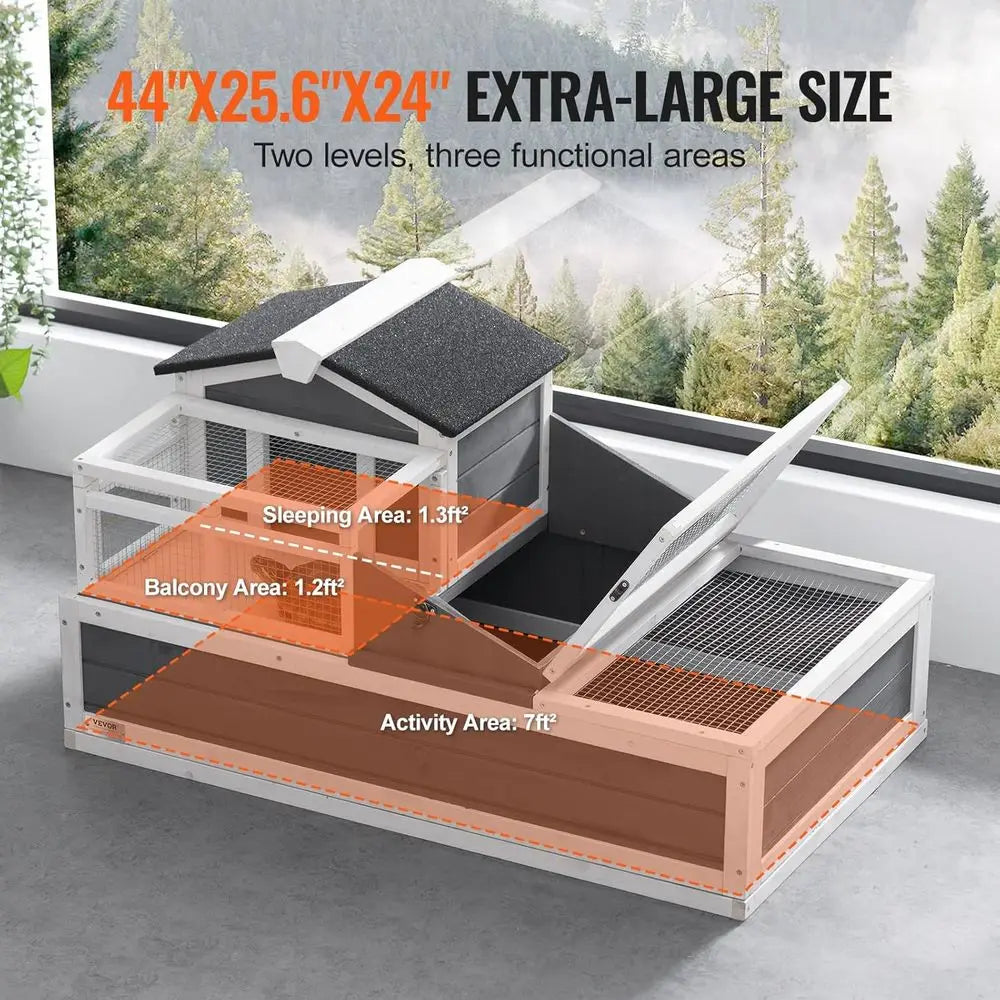 3-Room Tortoise House, Habitat with Balcony & 2 Stories, Wooden Enclosure Indoor & Outdoor, Tray, Openable Roof, Large Reptile C