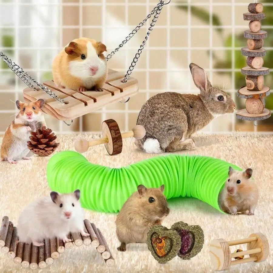 Small Pet Chewing Toys Set Wood Hay Swing Seesaw Bridge For Guinea Pig Rat Chinchilla Gerbil Rabbit