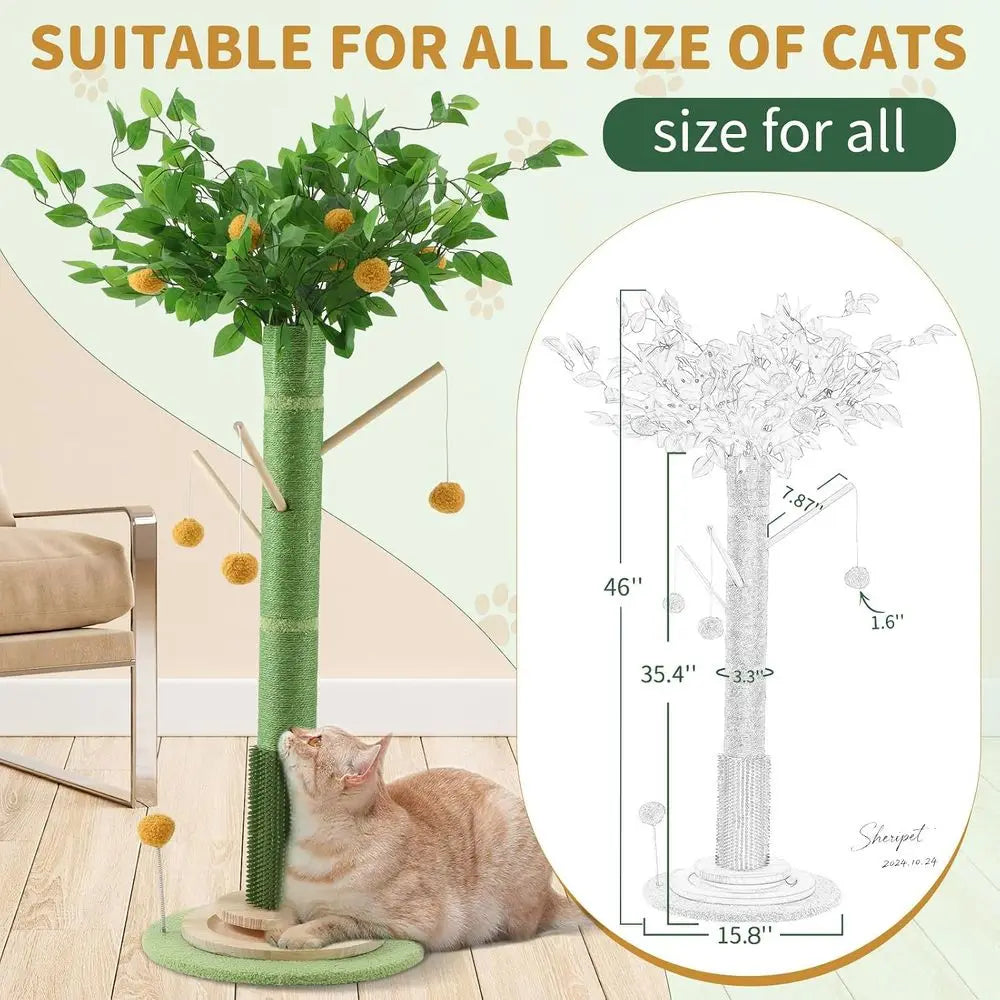 46 Tall Natural Sisal Cat Tree for Adult Cats | Indoor Scratch Post or Body Stretching, Self-groomer Brush, Stable 3-layer Solid