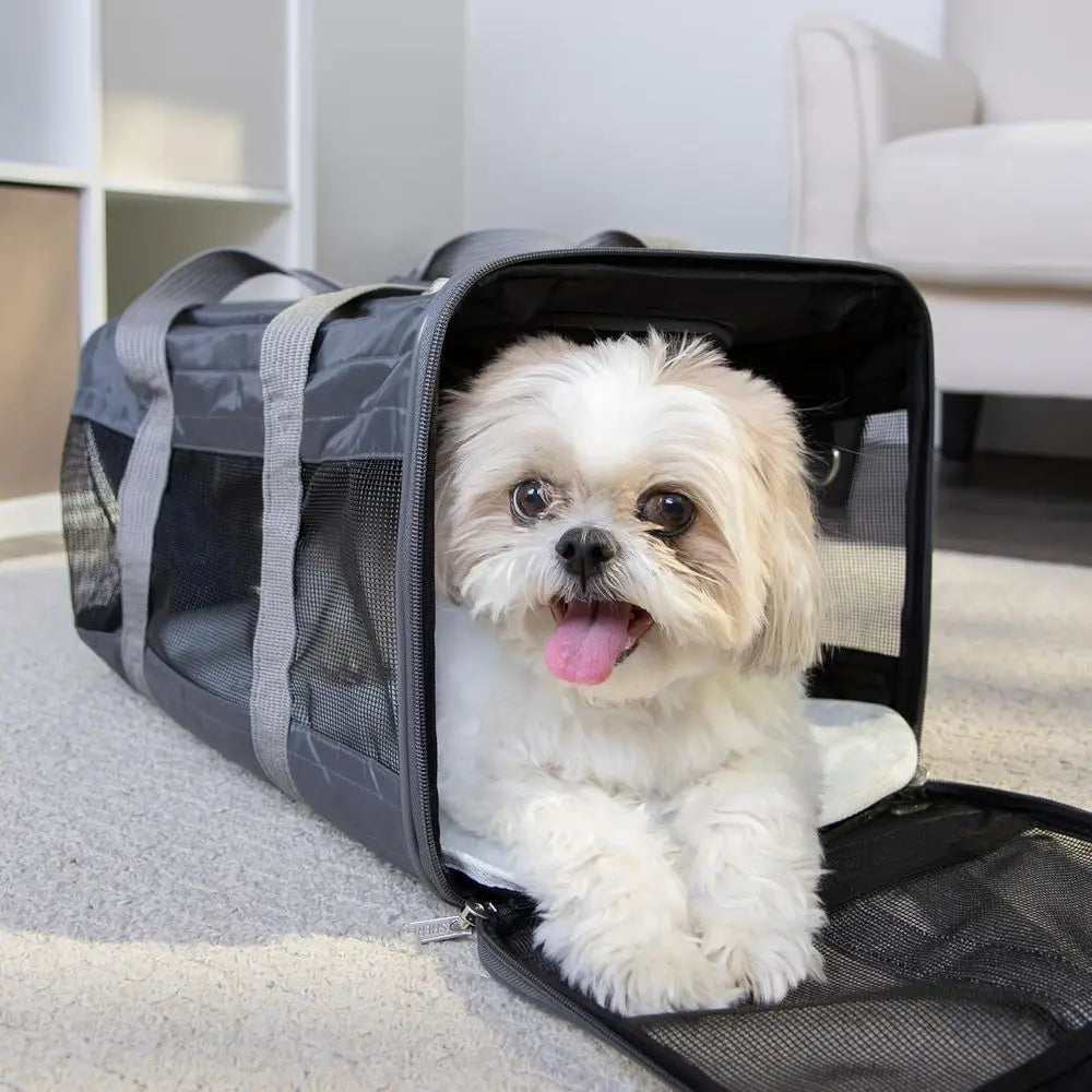 Pet Carrier Airline Approved with Spring Wire Frame - Cat & Dog Carrier for In-Cabin Travel, Mesh Ventilation, Locking Zippers -