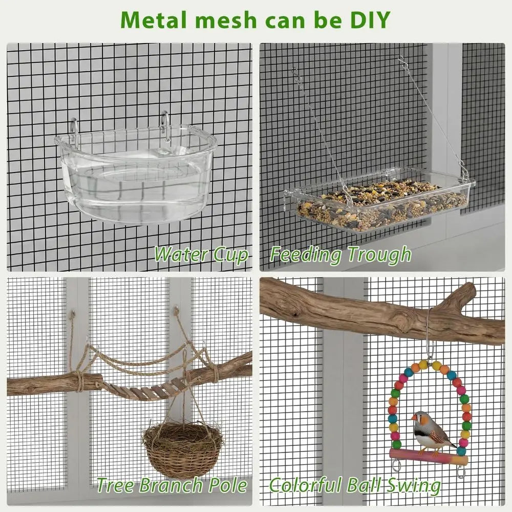 70.8" Tall White Bird Cage with Storage Cabinet, Large light Parrot Cage with Lock and 4-Sided Metal Mesh Design, DIY-riendly, 4