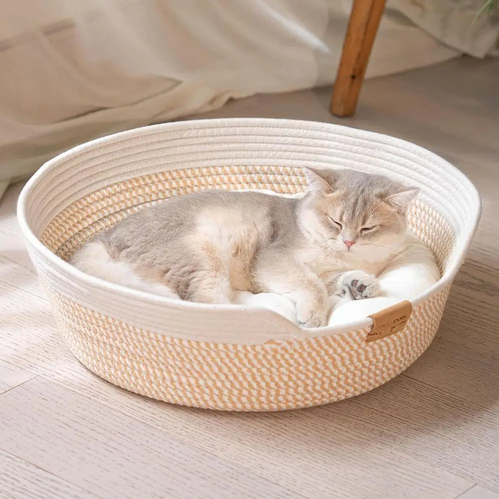 Cat Bed Basket with Cushion, Cotton Rope Woven Pet Bed, Indoor Cats Couch, Stimulicat Handwoven Breathable, All Season (White)