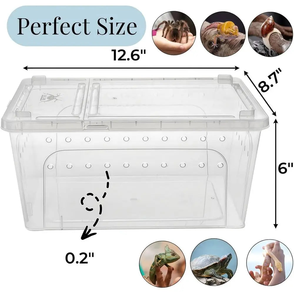 Portable Clear Plastic Terrarium Enclosure, 12.6x8.7x6 with Feeding and Water Bowls, Ventilated Lid for Small Pets