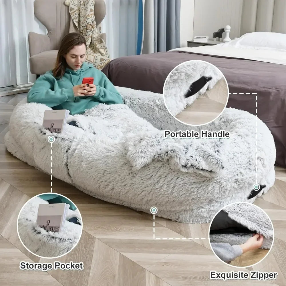 Hot salesExtra Large Human Dog Bed for Adults and Pets, Washable Faux Fur Orthopedic Cushion with Pillow, Blanket, Strap - Grey
