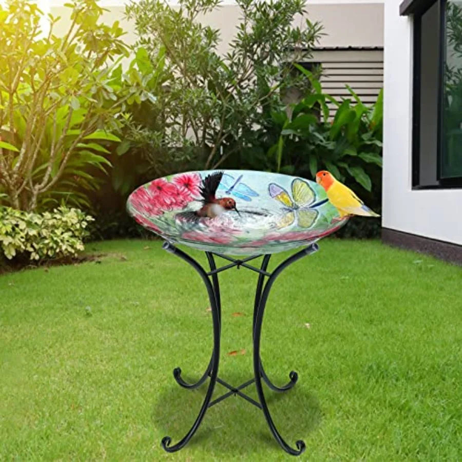 MUMTOP Bird Bath-Bird Baths for Outdoors - Dragonfly Large Bird Bath Bowl with Metal Stand, Glass BirdBaths for Garden Lawn Yar