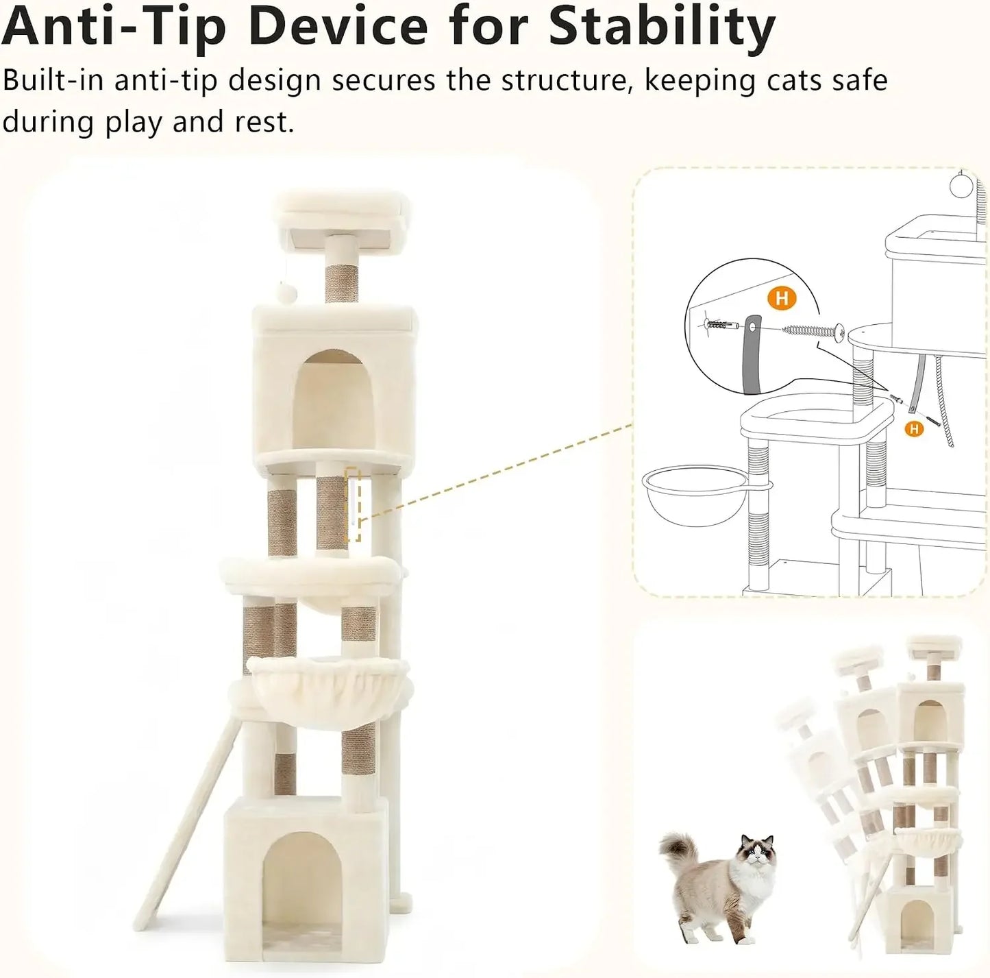 72.4" Anti-Tip Cat Tree for Large Cats, All-in-One Furniture with Scratching Board, Beige