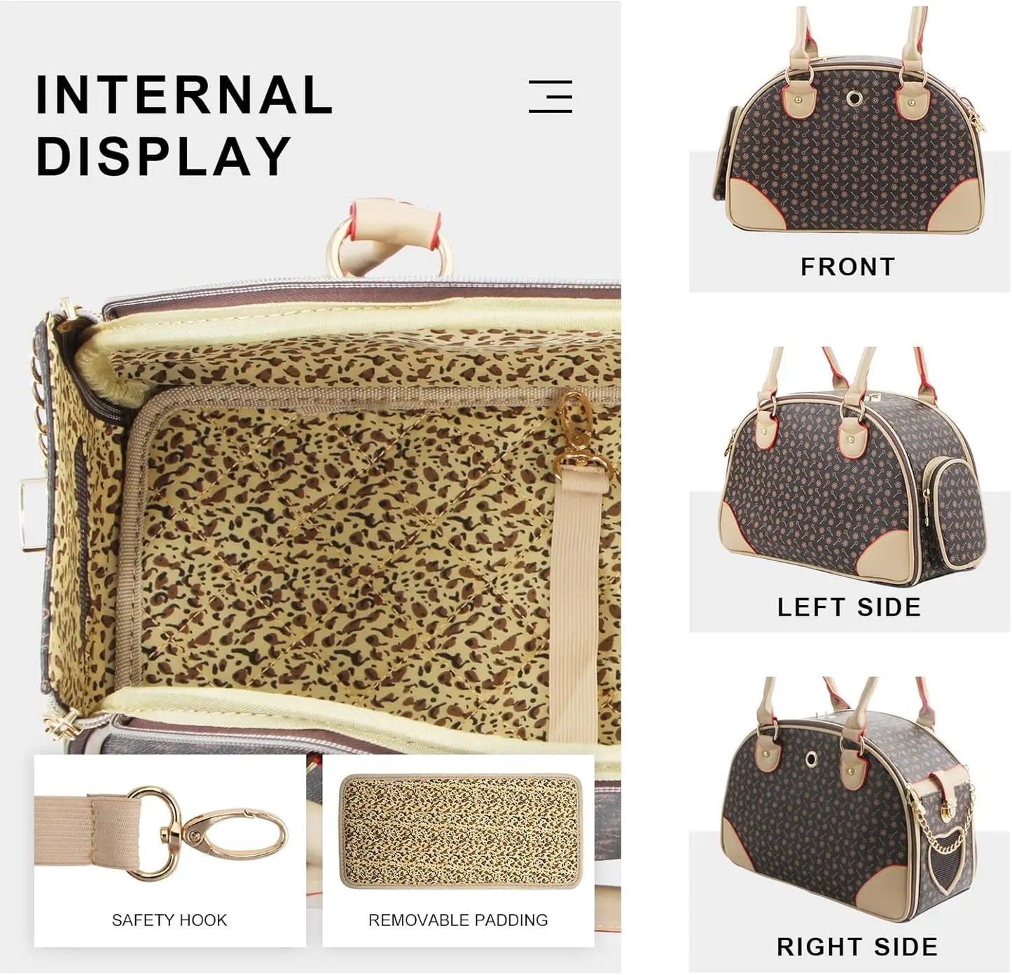 Fashion Dog Carrier PU Leather Handbag Pet Tote Hiking Bag Brown Small 38x23x17cm