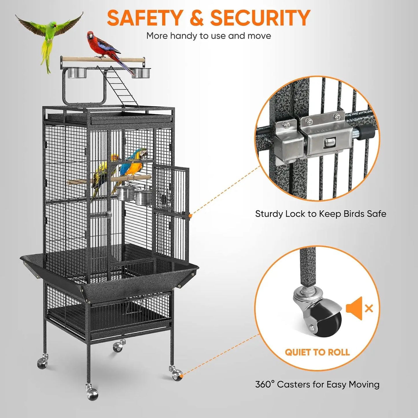 61 inch Iron Bird Cage, Play Top Parrot Cage with Rolling Stand for Parrot Cockatiels Parakeet Cage Macaw Finch Cockatoo Perch P