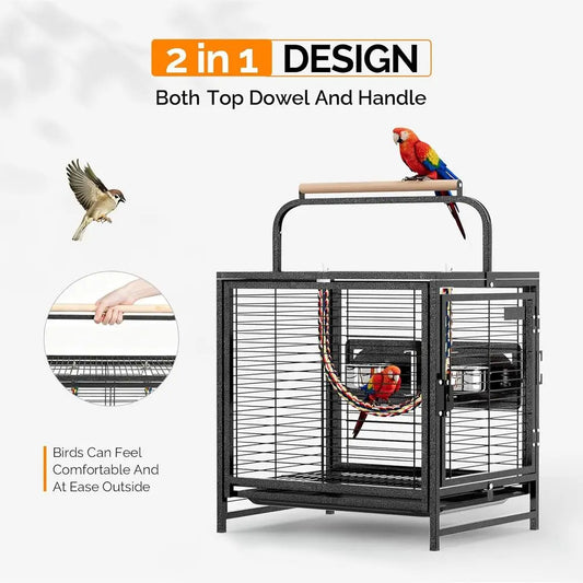 19 inch Travel Carrier Bird Cage with Handle, Wrought Iron ParaCage, Wooden Perch for Small/Medium Birds (Hammertone Black)
