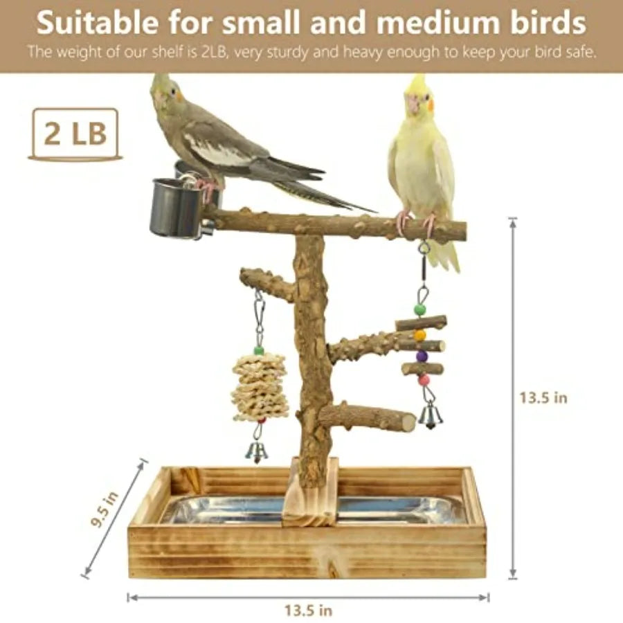 Natural Wood Bird Playground With Perches Removable Tray And Cups