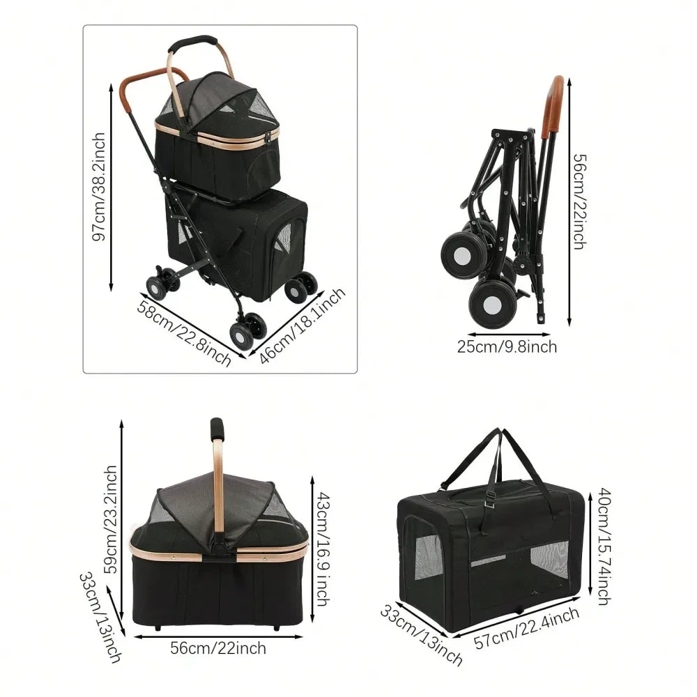 Dog Stroller For 2 Dogs, Detachable Carriers, 4 Lockable Wheels, Pet Travel Carrier Strolling Cart, Folding Cat Stroller For Sm