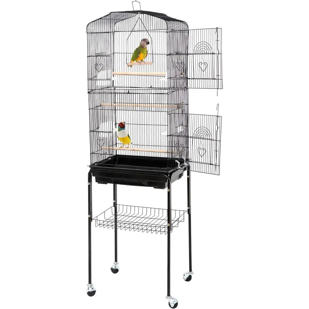 63.4 Inch Rolling Wrought Iron Parrot Cage with Side-out Tray, Storage Shelf, Pet Bird House for Parrot, Cockatiel, Cockatoo, Pa