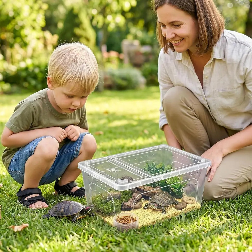 Portable Clear Plastic Terrarium Enclosure, 12.6x8.7x6 with Feeding and Water Bowls, Ventilated Lid for Small Pets