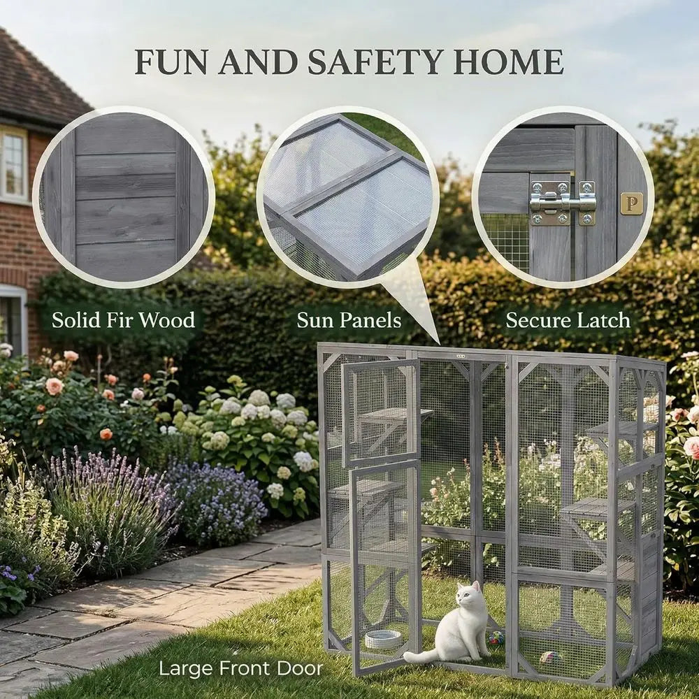 Outdoor Cat Enclosure Large for 1-3 Cats 59 x 28 x 60 Gray | Wooden Cat House, 6 Jumping Platforms, Weatherproof Roof, Outdoor K