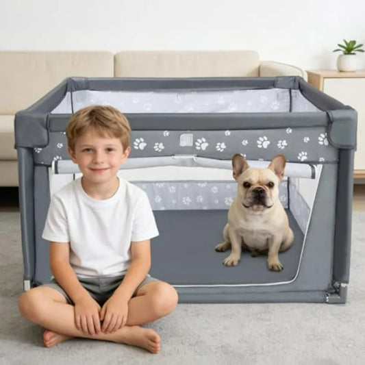 Dog Playpen Oxford Fabric Dog Fence, 42x42x26 Inches, Steel Pipe, Breathable Mesh, Zipper Gate, Portable Indoor Outdoor Pet Fen