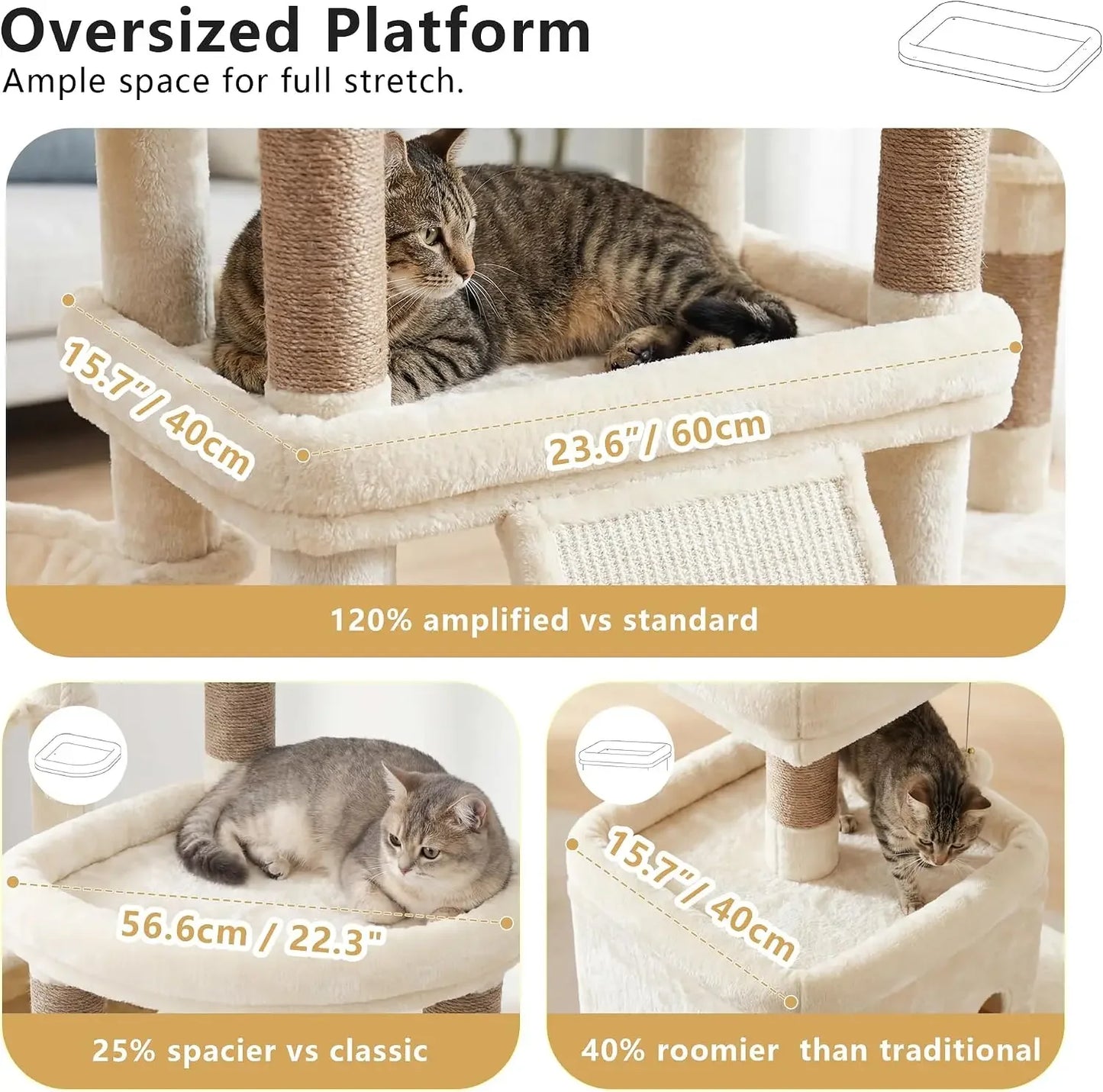 72.4" Anti-Tip Cat Tree for Large Cats, All-in-One Furniture with Scratching Board, Beige
