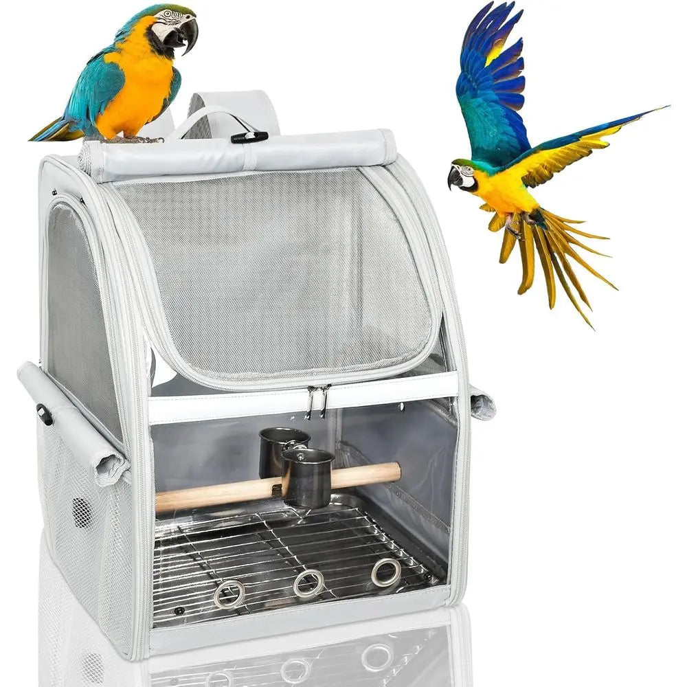 Bird Carrier Bag, Travel Cage with Standing Perch, Indestructible Stainless Steel Mesh, Portable Transparent Breathable Carrier