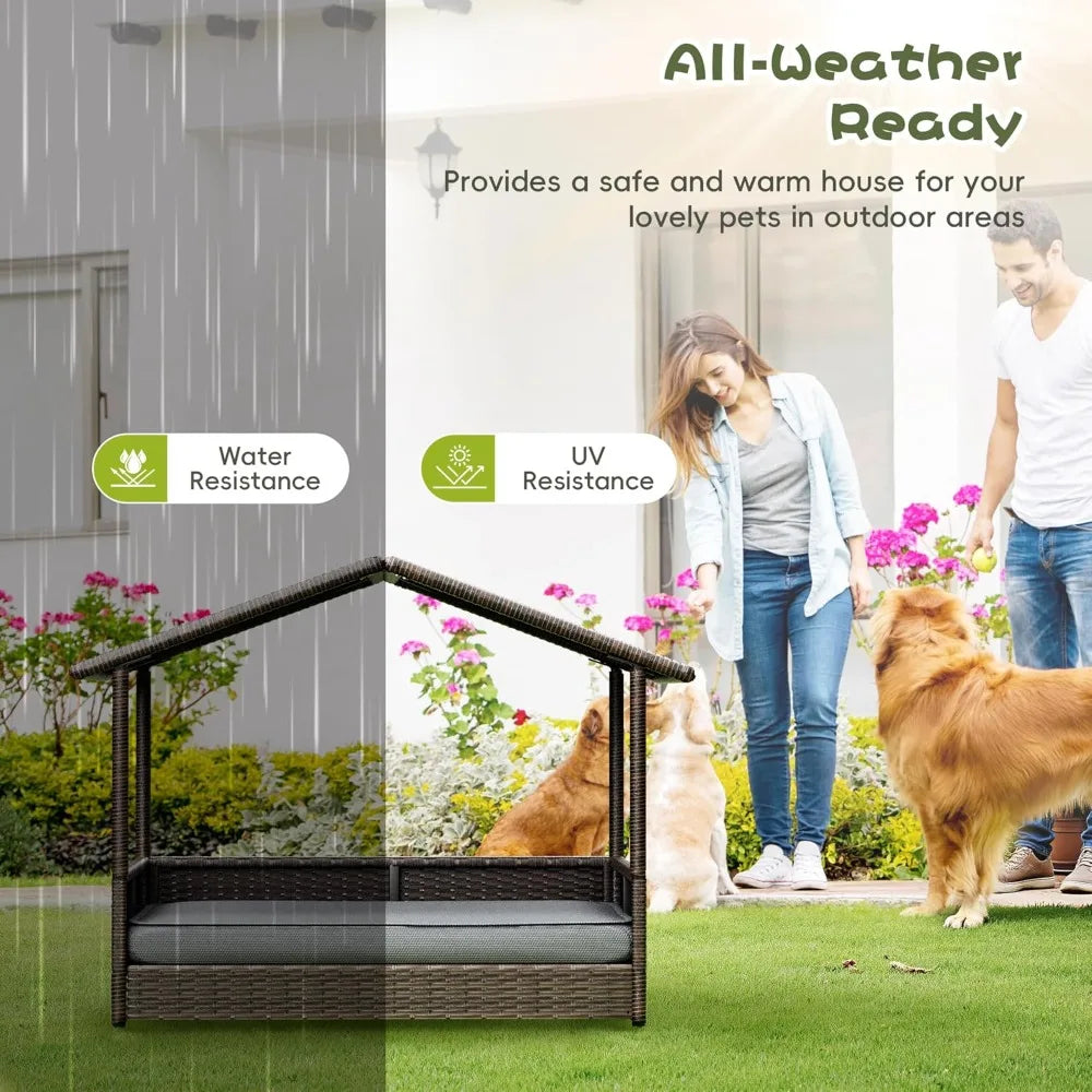 Elevated Wicker Dog House with Removable Cushion, Weatherproof Roof for Small Medium Dogs Indoor Outdoor Pet Bed