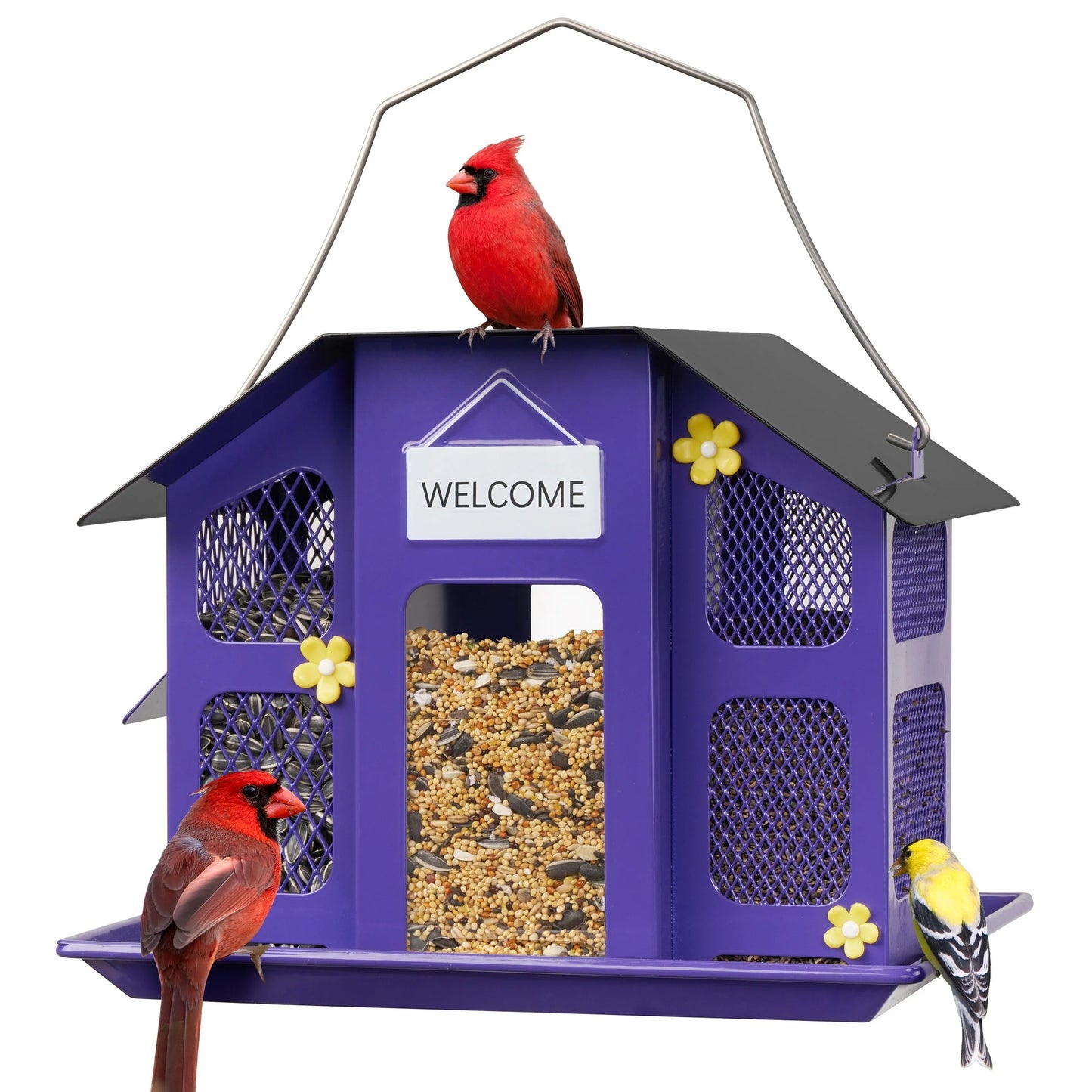Kingsyard Metal Bird Feeders For Outdoors Hanging, Wild Bird Feeder For Cardinal, With Weatherproof Roof, 3 Different Seed Tray For Finch Sparrows Woodpeckers, 4 Lbs Large Capacity, Black Friday Items, Outdoor Decor, Christma