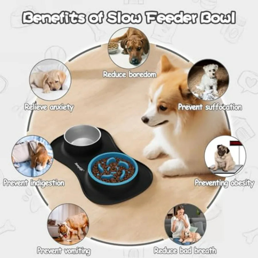 Dog Food and Water Bowl Set 3 in 1, Slow Feeder Dog Bowls and Stainless Steel Water Bowl with Non-Spill Silicone Mat, Cat and P