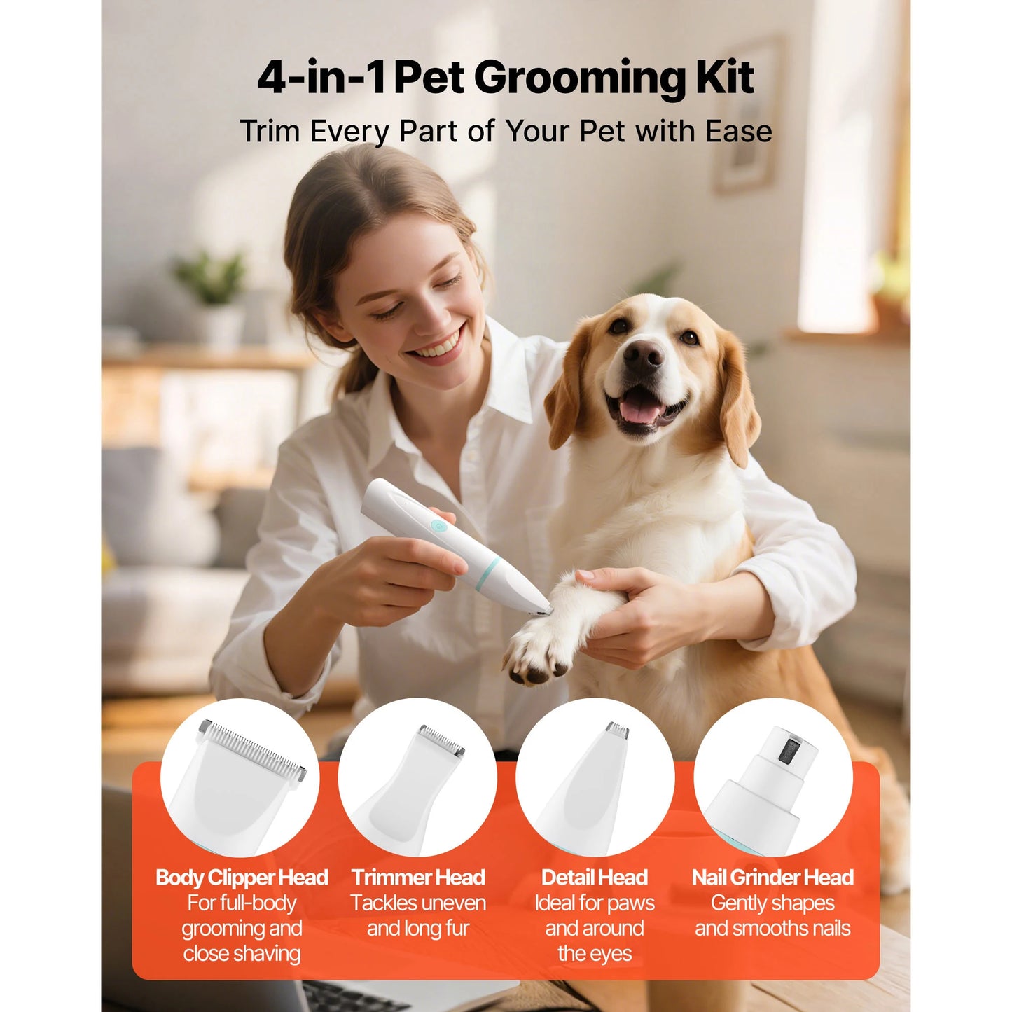SucceBuy 4 in 1 Dog Clippers for Grooming Low Noise Rechargeable with 6 Combs & 4 Detachable Blades Waterproof Cordless for Dogs