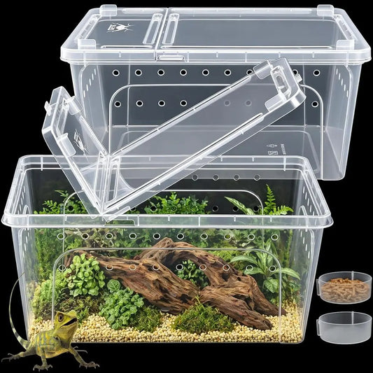 Portable Clear Plastic Terrarium Enclosure, 12.6x8.7x6 with Feeding and Water Bowls, Ventilated Lid for Small Pets