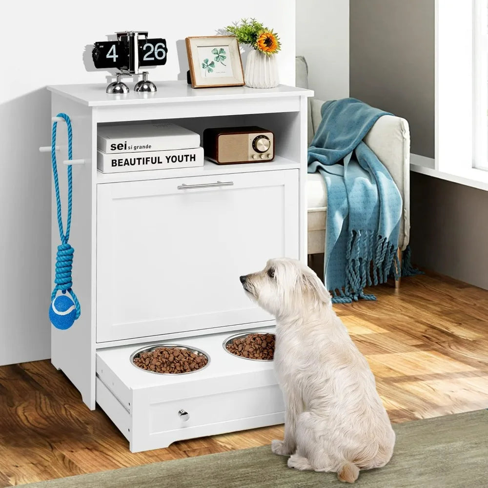 Pet Feeder Station With Double Pull Out Bowls And Storage Cabinet