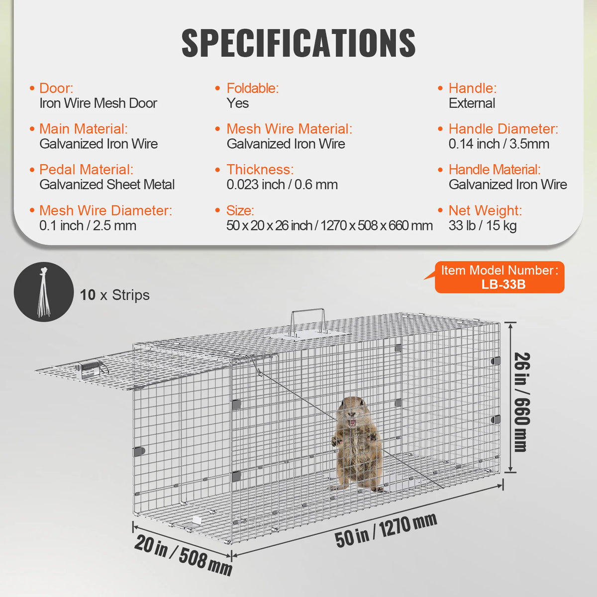 SucceBuy 24/31/42/50in Animal Cage Trap Folding Humane Cat Trap Galvanized Iron with Handle for Rabbits Squirrels Groundhogs
