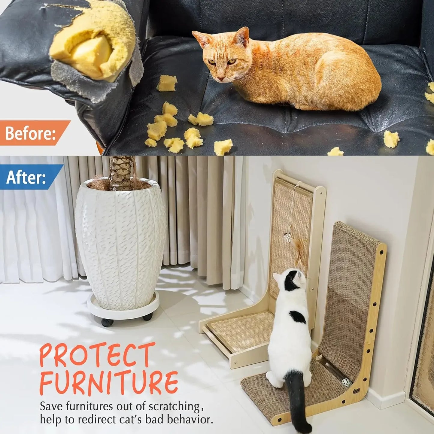 Cat scratching post, L-shaped cat scratching board, wall-mounted vertical cat scratching post, indoor cat scratching post toy wi