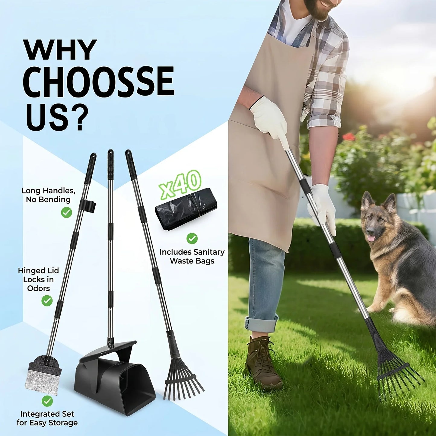 2/3pcs Heavy Duty Dog Pooper Scooper with 40 Bags, Long Handle Swivel Bin & Rake Spade for Large Dogs, Pet Waste Removal Tool for Yard, Grass & Gravel, Without Battery