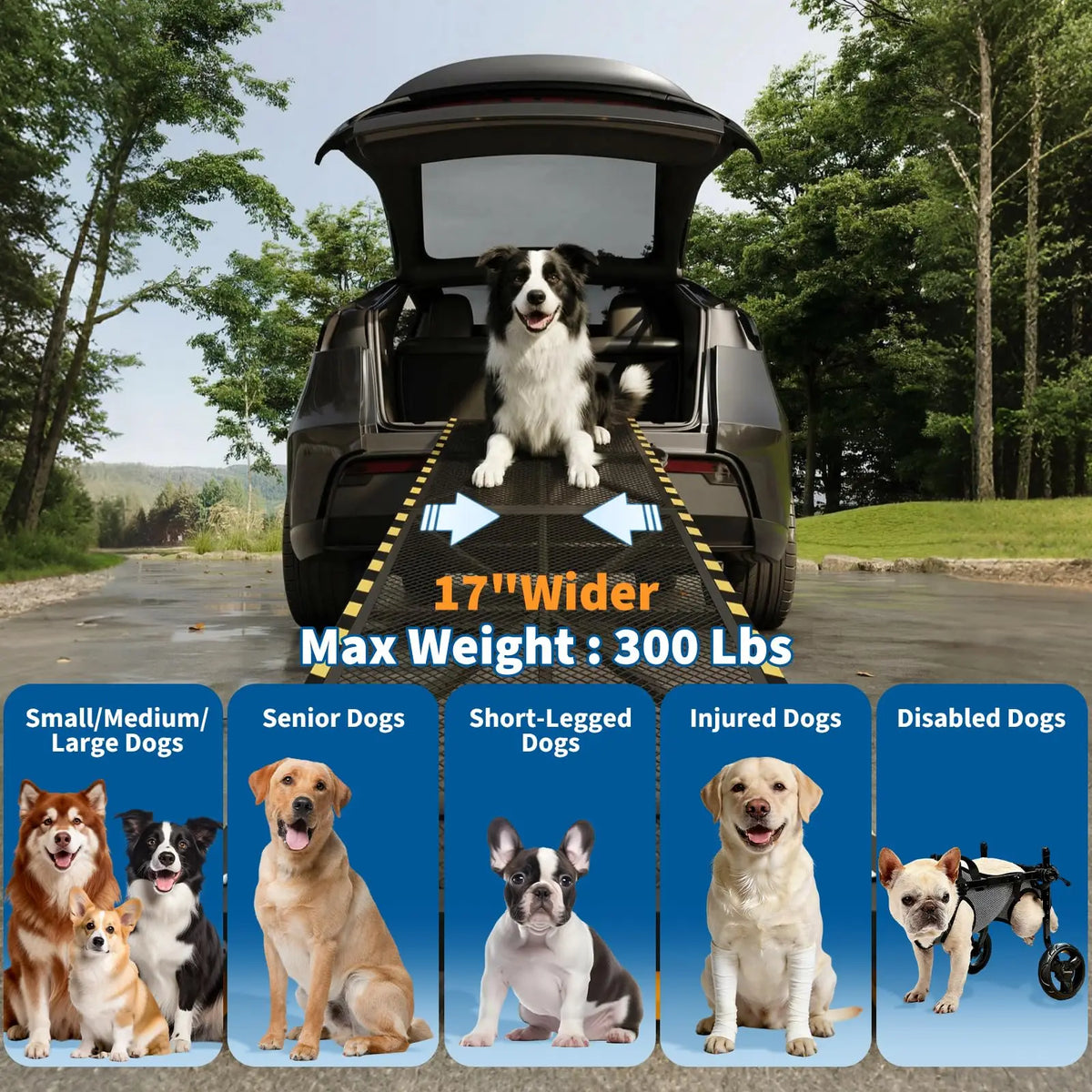 71in x 17in/20in Folding Dog Ramp For SUV Pickup Truck RV, Heavy Duty Steel Pet Ramp 300lb, Non-Slip Car Ramp For Large Dogs