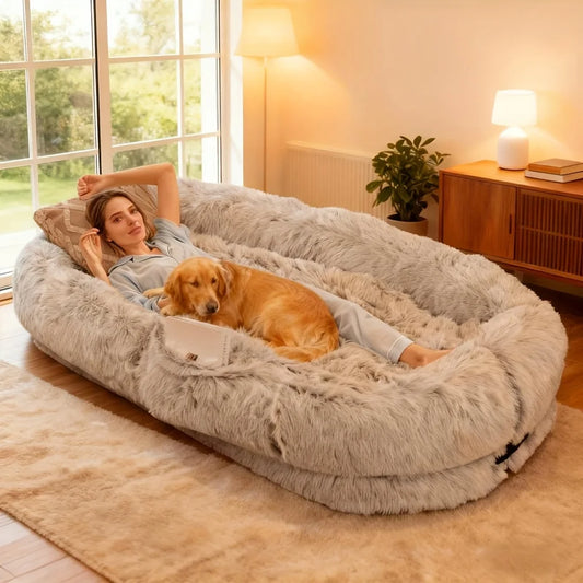 Human Dog Bed for Adults And Pets, Ultra-Soft Plush Enormous Dog Bed with Egg Crate Foam, Non-Slip Base, And Machine Washable Cover - Ideal for Relaxation And Napping, Light Grey