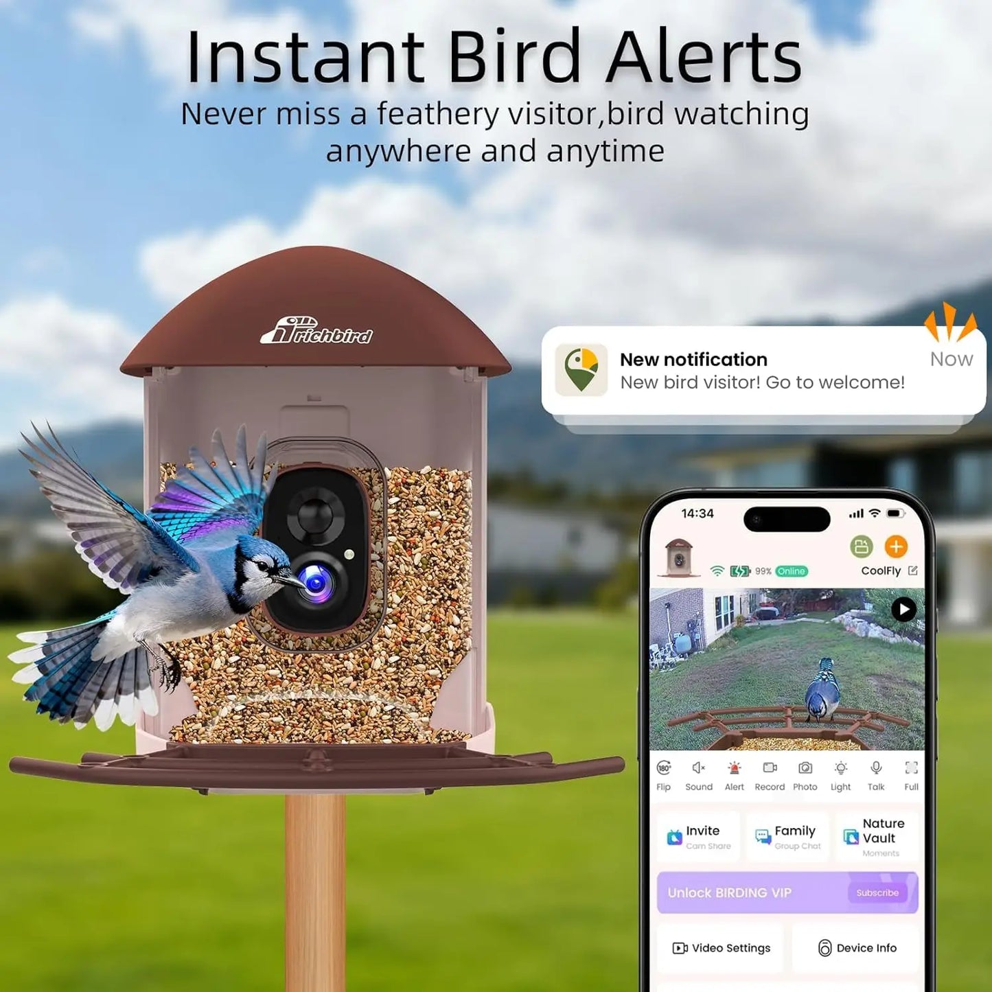 2.5K HD Solar Bird Feeder Camera, AI Bird Recognition, Auto Capture & Alerts, Brown