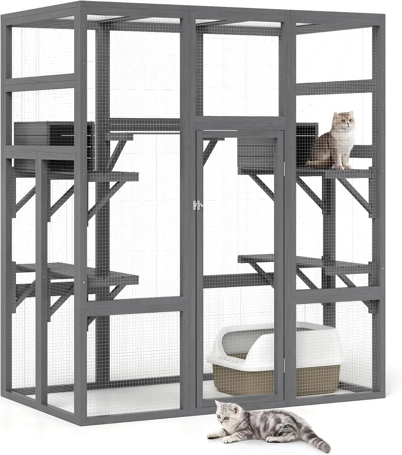 Large Wood Catio Outdoor Cat Enclosure with Waterproof Roof, 5 Platforms & 2 Resting Boxes, UV Resistant (Grey)